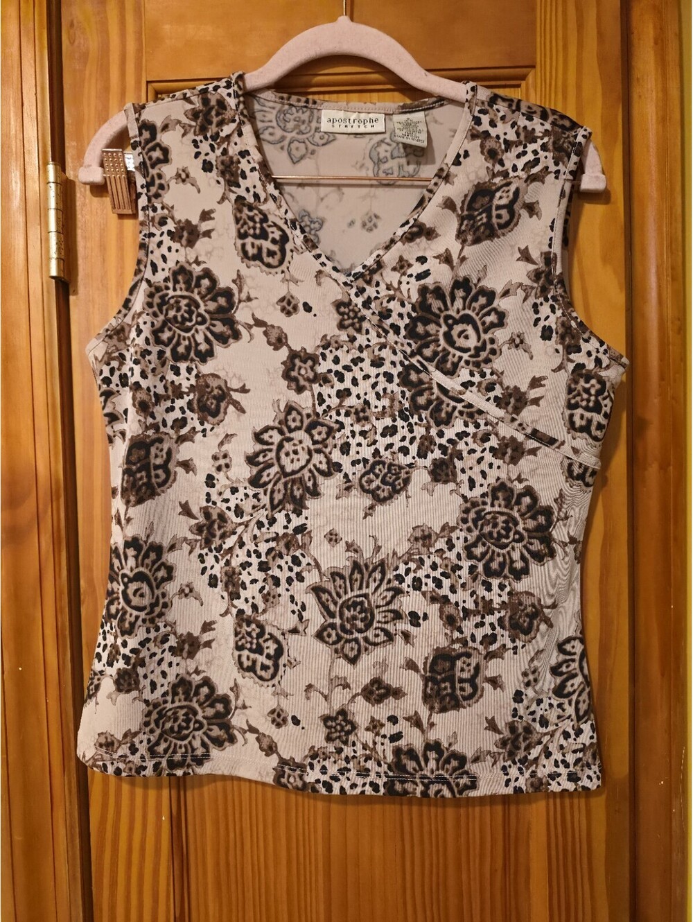 Vtg Apostrophe stretch brown flower cross over wrap sleeveles shirt SZ S 6/8